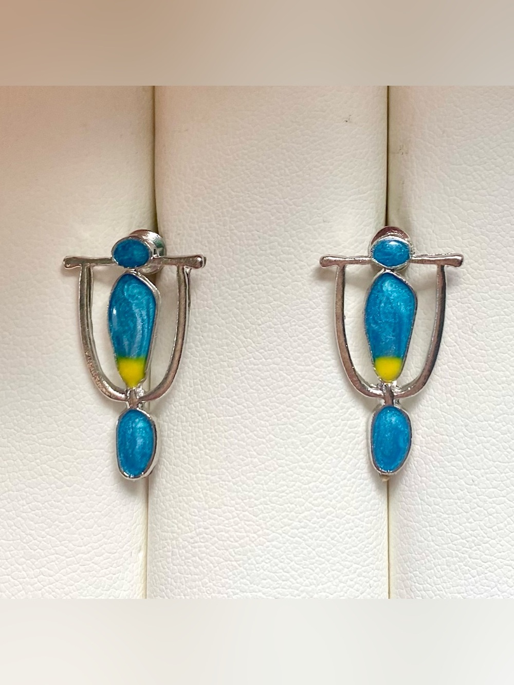 Blue and Yellow Inlay Silver Dangle Earrings
